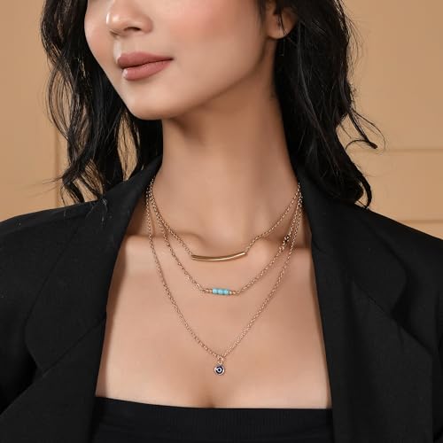 Evil Eye Charm Necklace, Multi-Layered